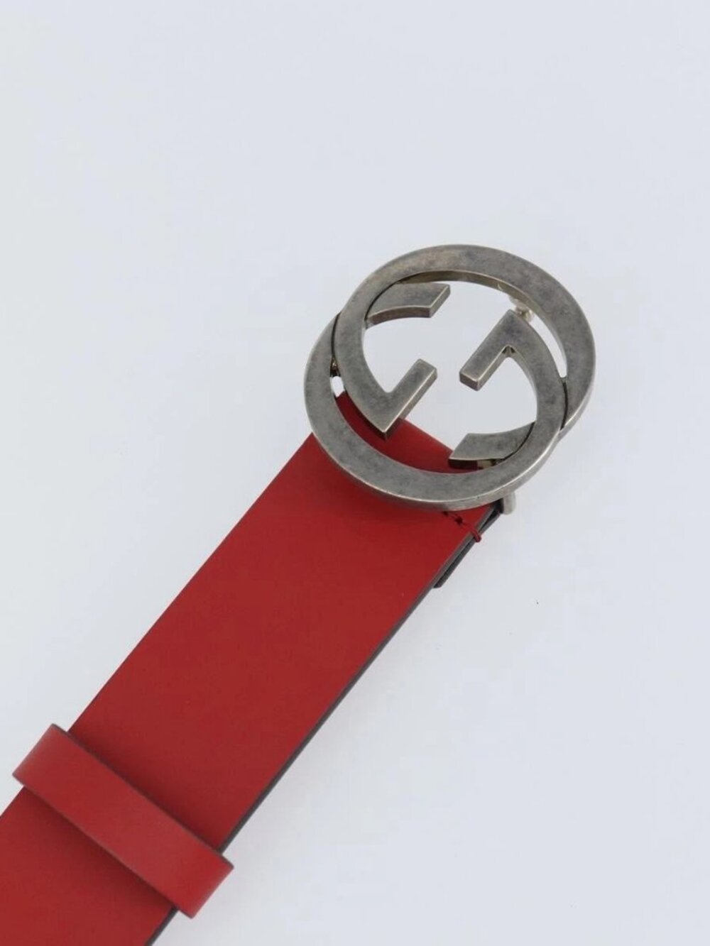 GUCCI Interlocking G Belt Leather 42.9" Red Silver - Picture 6 of 11